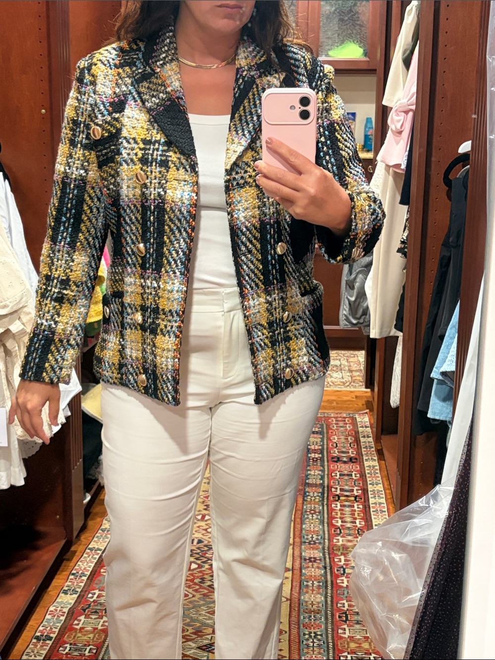 Central Park West Tweed Double-Breasted Plaid Jacket - Black & Yellow